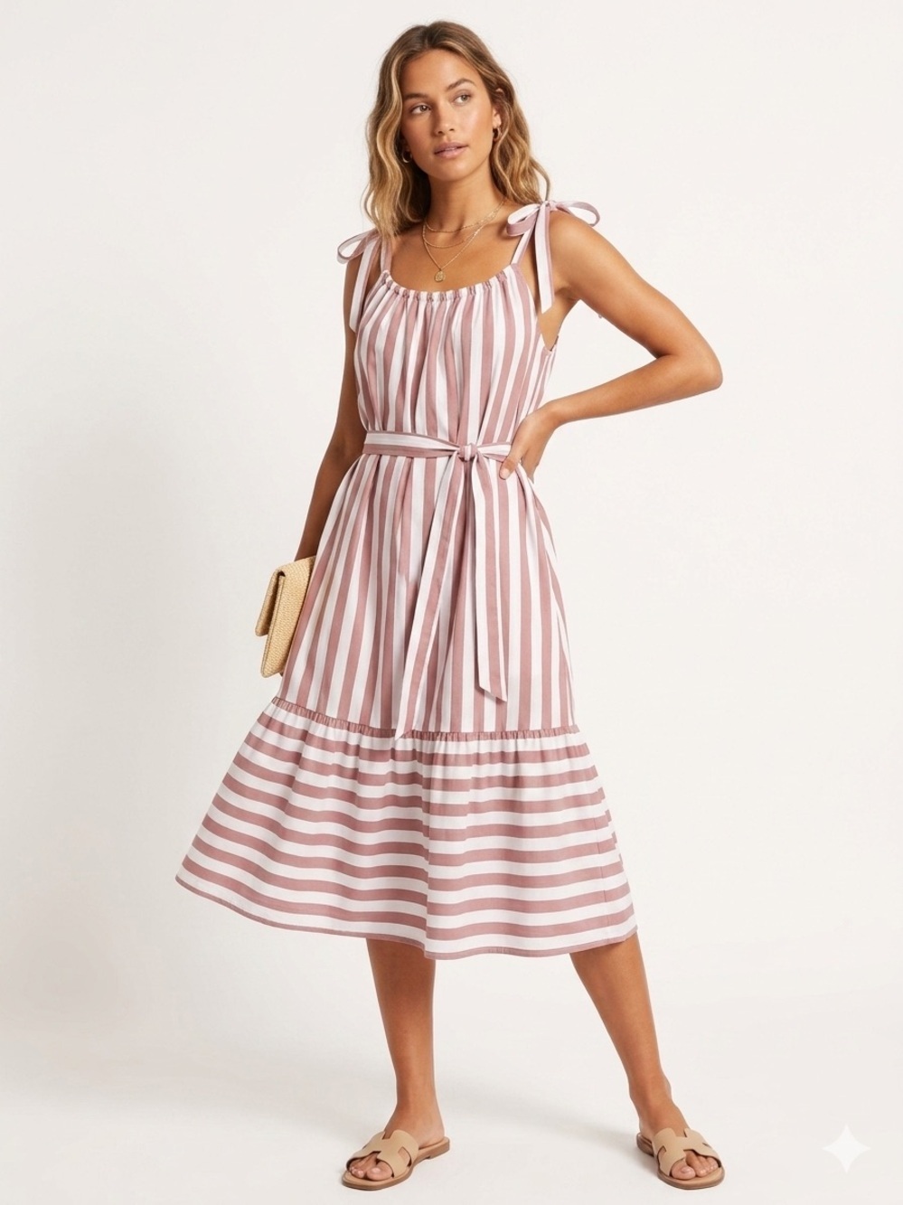 Cupshe Pink White Stripe Tie Shoulder Midi Dress Medium NWT Summer Resort
